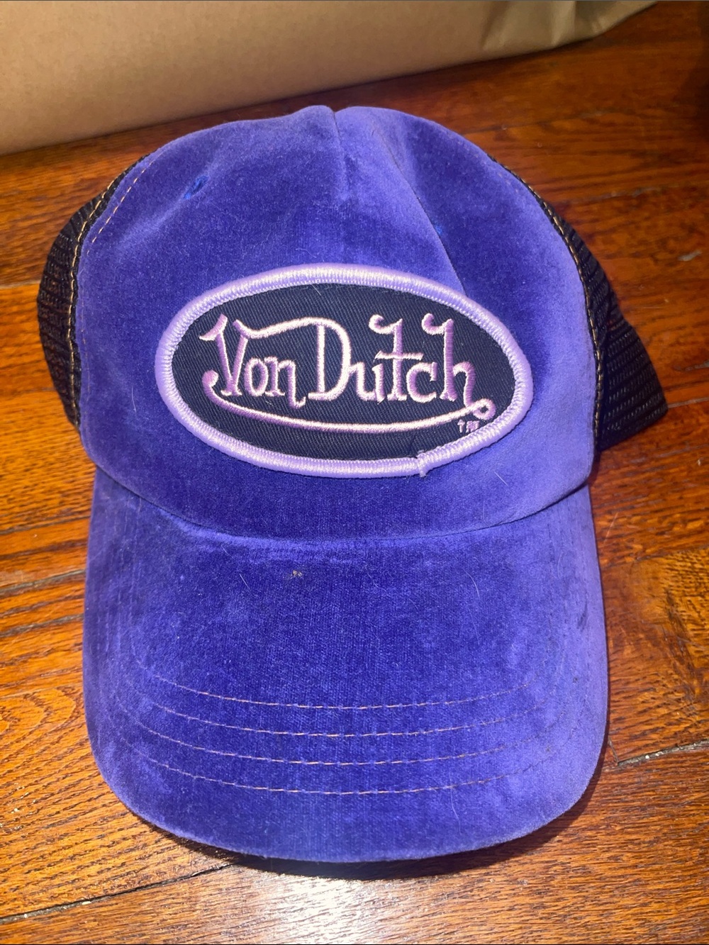Von Dutch Purple Velvet Trucker Hat with Pink Logo Stitching